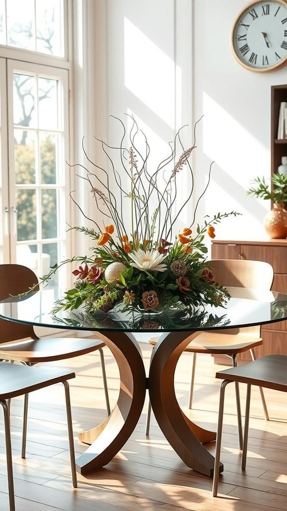 Glass table with a nature-inspired centerpiece featuring flowers and greenery.