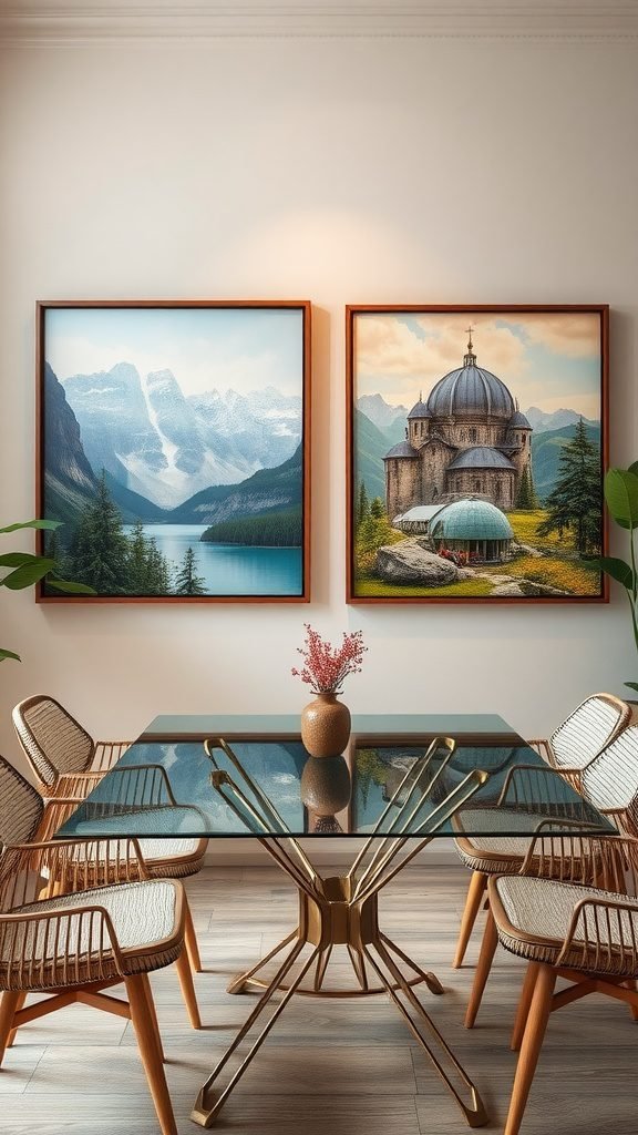A stylish dining room featuring a glass table and scenic wall art.