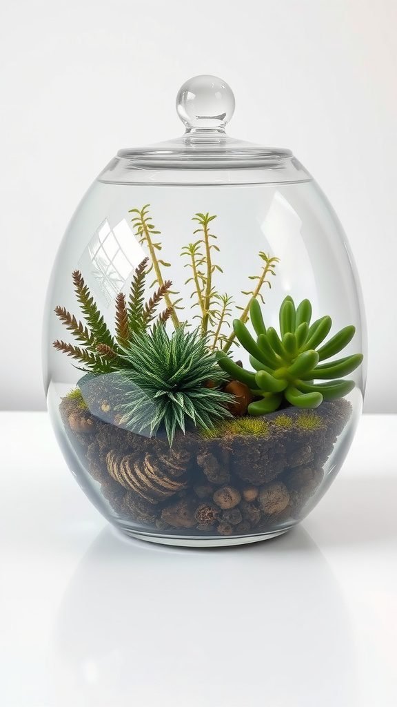 A glass terrarium with various succulents and ferns, showcasing a winter planter idea.
