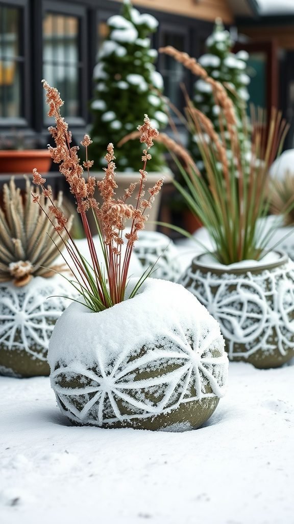 Beautiful stone planters covered with snow, featuring dried plants arranged inside