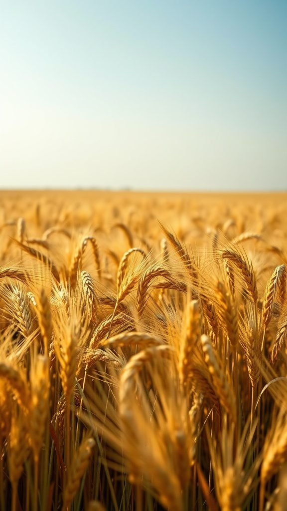 Golden fields of wheat under a clear blue sky in April