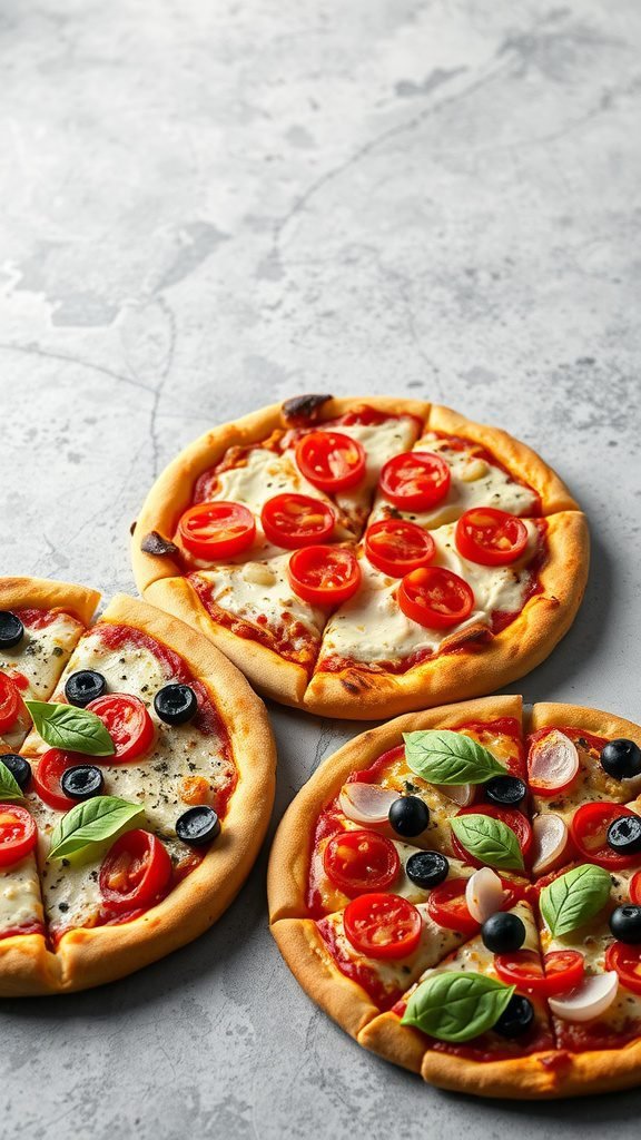Three gourmet pizzas with different toppings on a light background