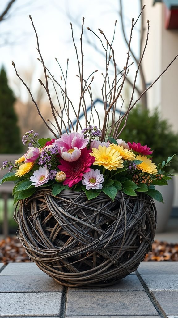 A grapevine wreath planter filled with colorful flowers and bare branches, showcasing a seasonal arrangement.
