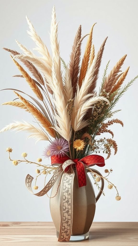 A decorative vase filled with dried flowers and grasses, featuring a ribbon for added charm.