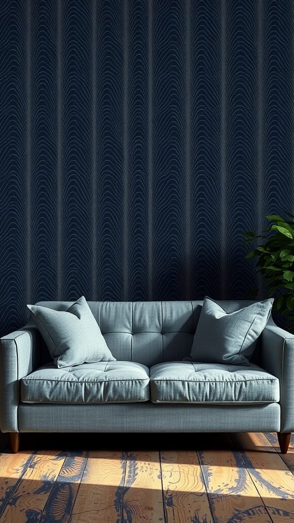 A grey couch positioned against a bold patterned wallpaper, enhancing the living room decor.