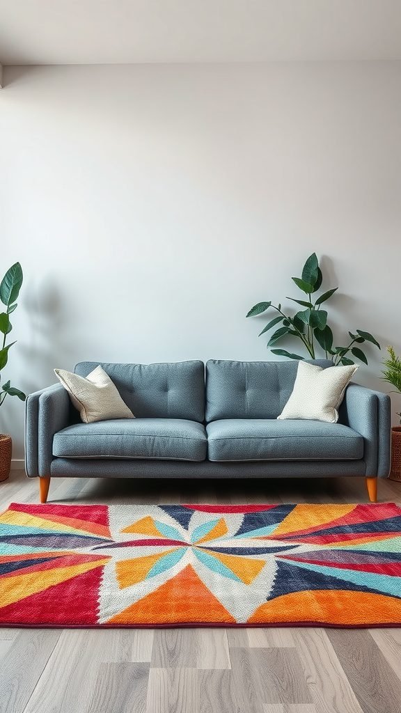 A stylish living room featuring a grey couch and a colorful geometric area rug.