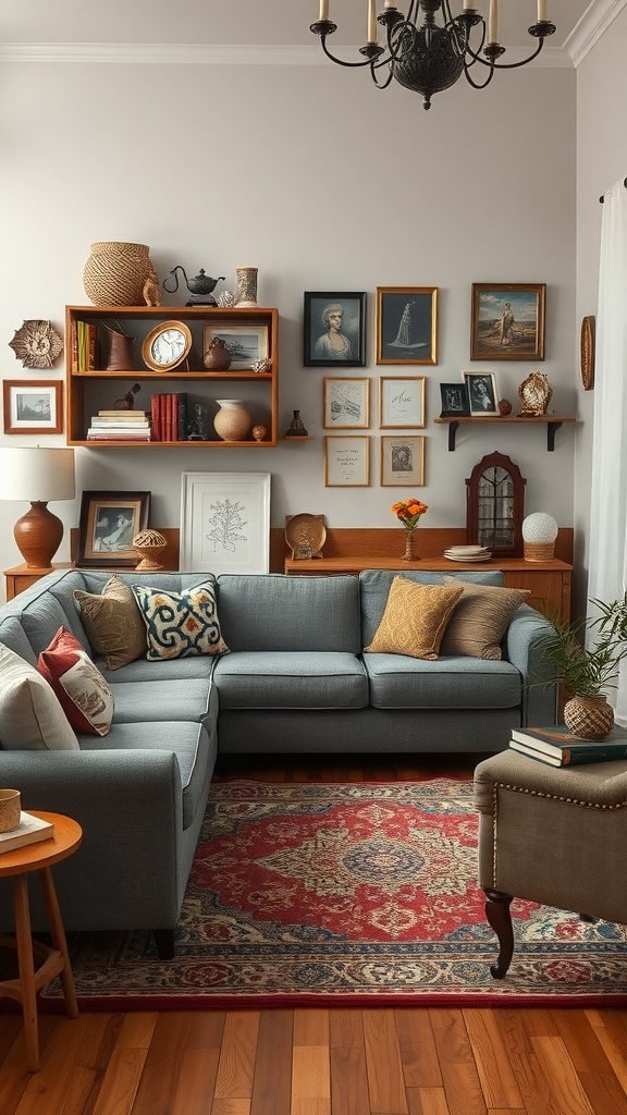 A cozy living room featuring a grey couch with vintage decor, framed art on the walls, and a warm rug.