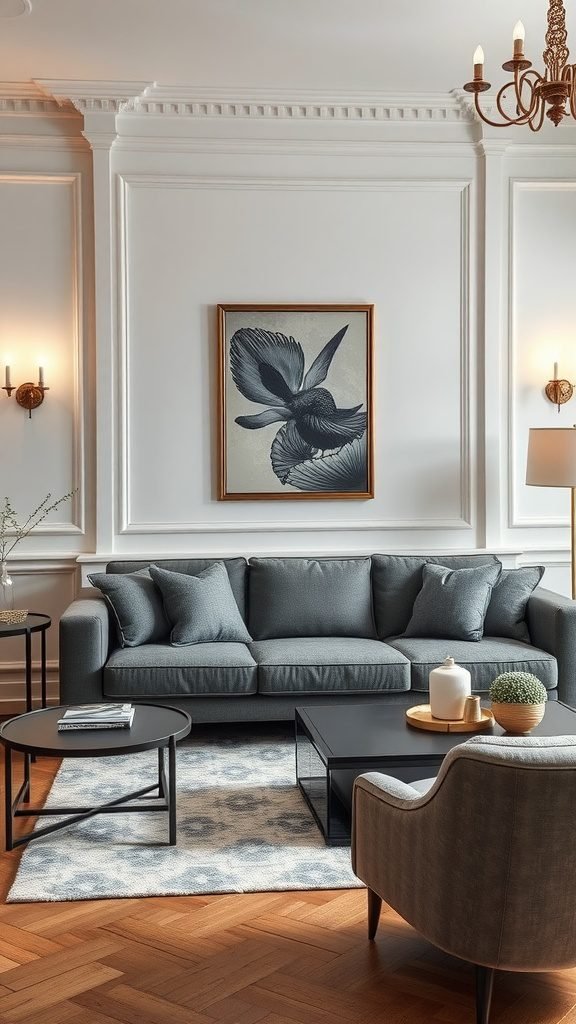 A stylish living room featuring a grey couch, modern decor, and elegant lighting.