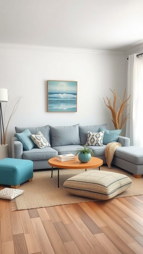 Bright coastal living room featuring a grey couch with turquoise accents and wooden floor.