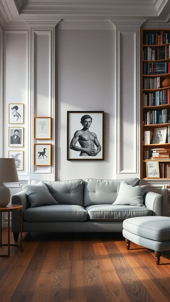 A grey couch in a stylish living room with art on the walls and a bookshelf filled with books.