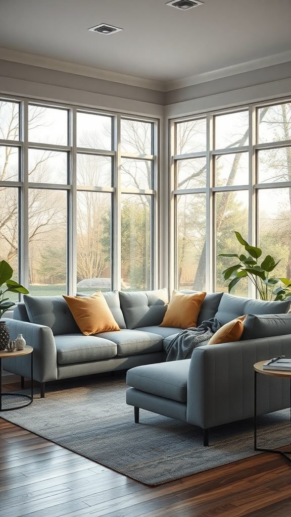 Cozy living room featuring a grey couch, bright windows, and indoor plants