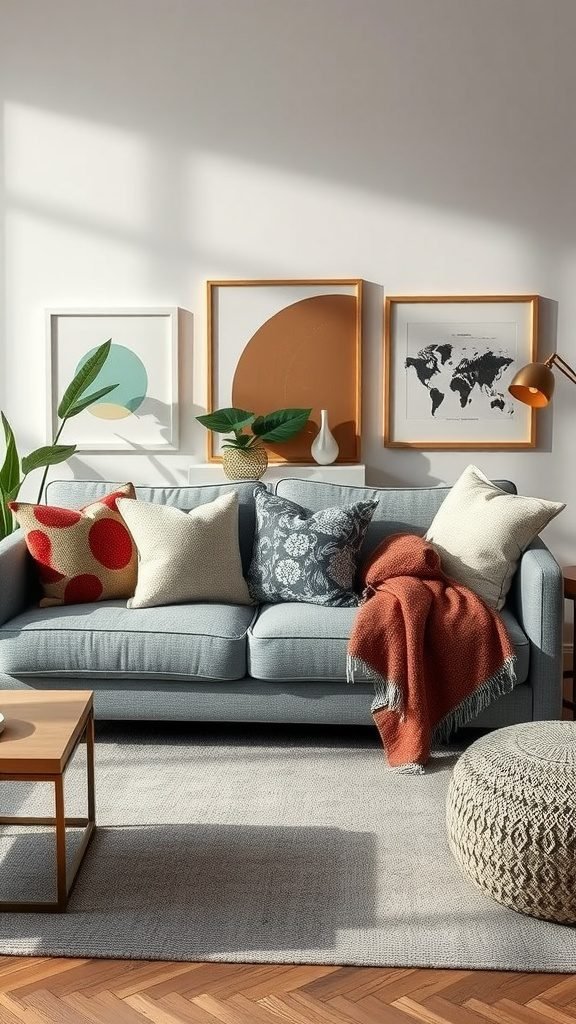 A stylish living room featuring a grey couch adorned with artistic throw blankets and cushions, complemented by modern art on the walls.