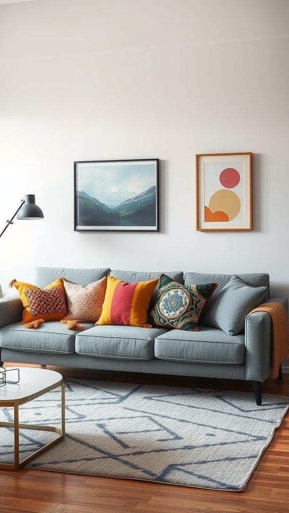 A grey couch adorned with colorful pillows in a cozy living room setting, accompanied by a coffee table and a patterned rug.