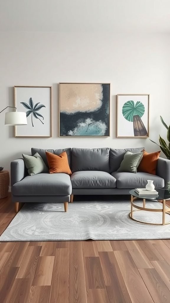 A stylish living room featuring a grey couch with modern art above it, accented by colorful pillows and a chic coffee table.
