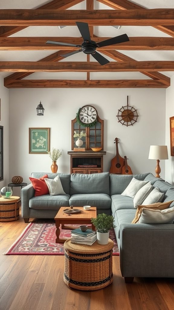 A cozy living room featuring a grey couch, wooden beams, rustic decor, and warm accents.
