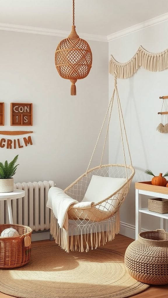 A cozy hammock chair in a boho baby room, surrounded by natural decor elements