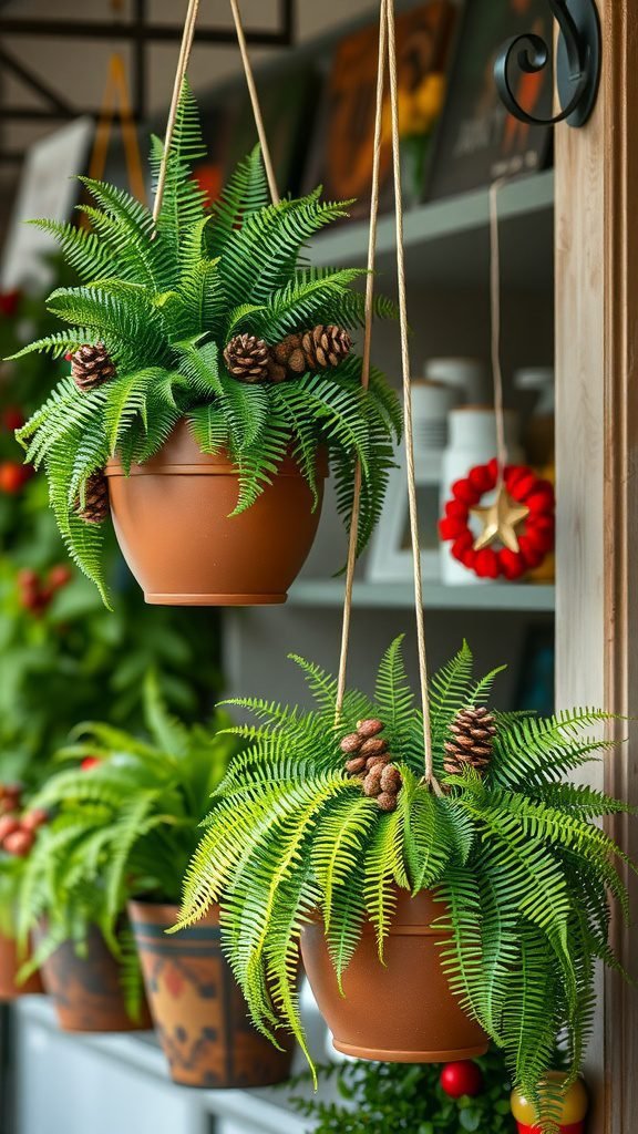 Hanging planters with ferns and pine cones, showcasing seasonal greens for fall and winter