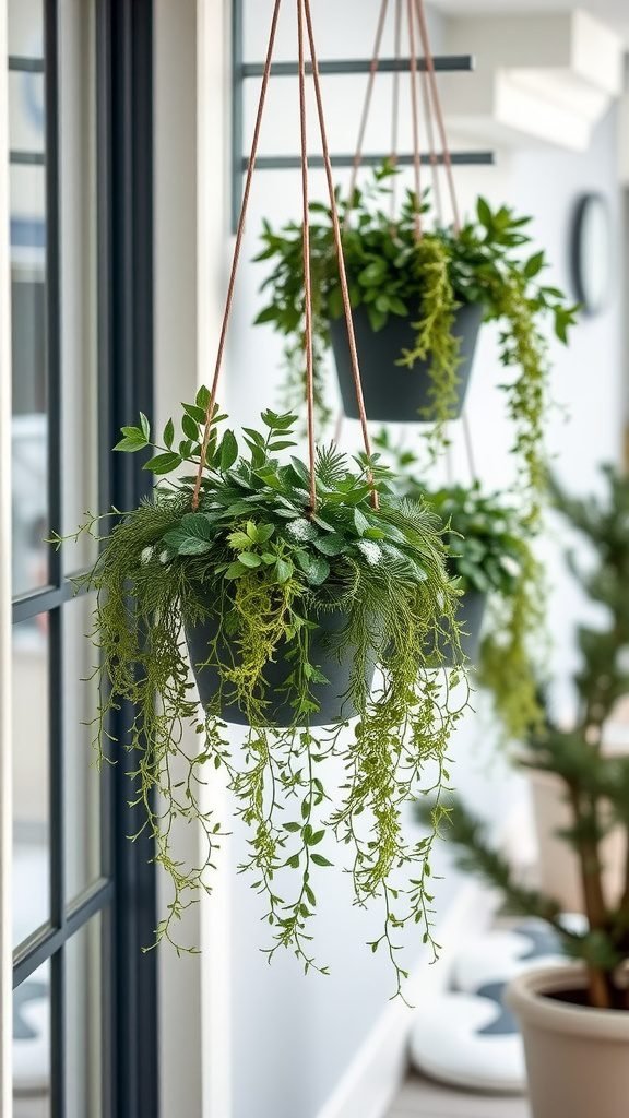 Hanging planters filled with winter greens, showcasing lush foliage and cascading vines.