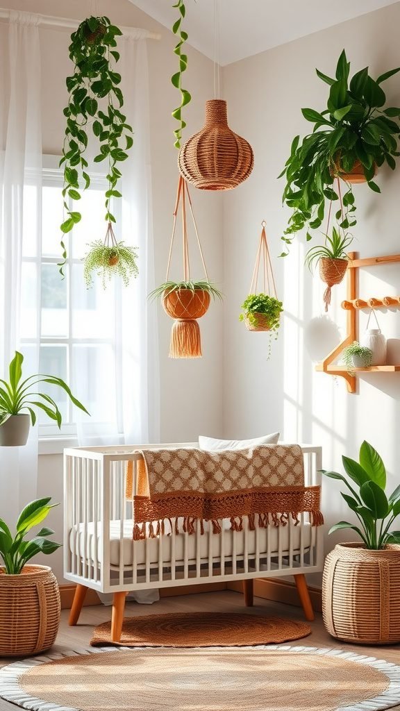 A boho baby room featuring a crib, hanging plants, and natural decor elements.