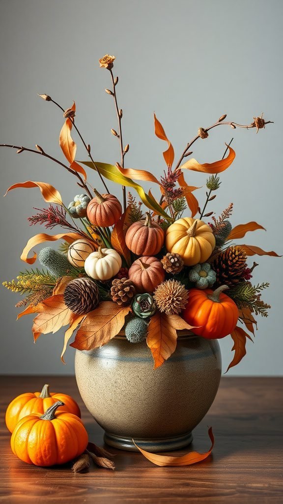 A beautiful harvest-themed centerpiece featuring a round pot filled with pumpkins, pinecones, and autumn leaves.