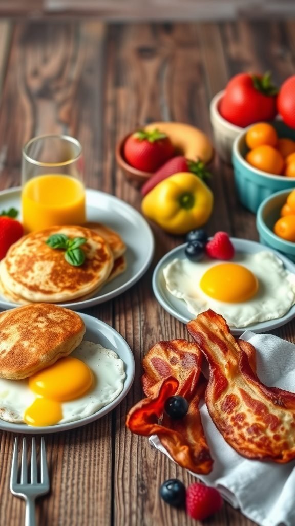 A hearty breakfast spread featuring pancakes, eggs, bacon, and fresh fruits on a wooden table.