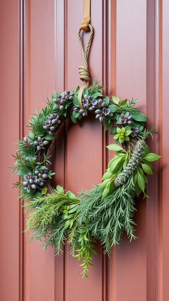 Herb-inspired wreath with greenery and purple flowers hanging on a door