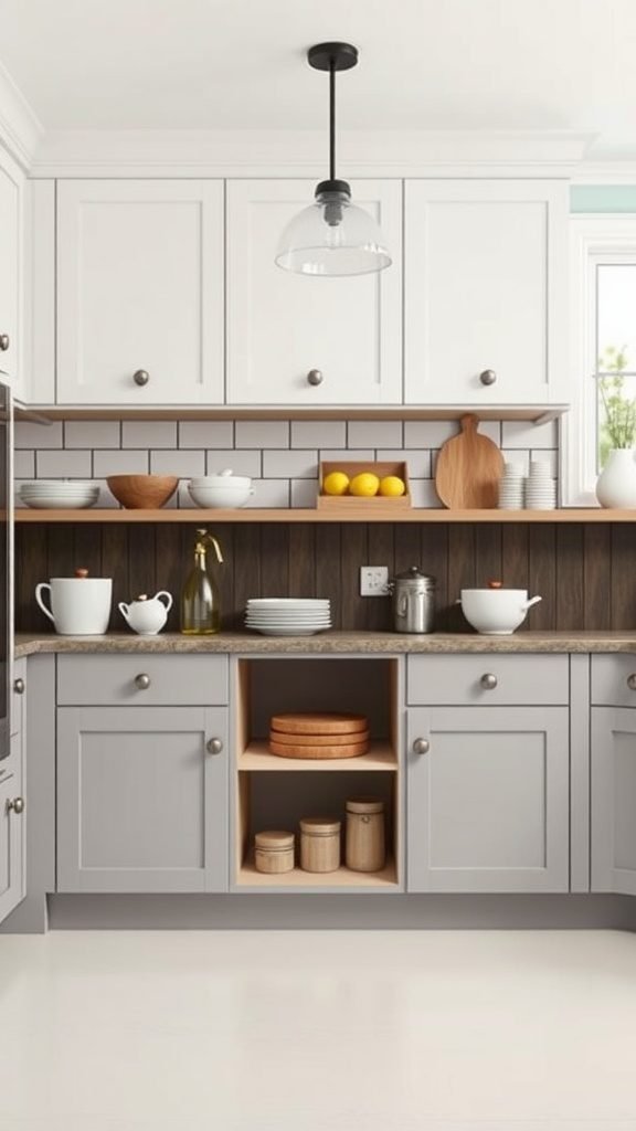 A moody farmhouse kitchen with gray cabinets and open shelving displaying kitchenware and fruits.