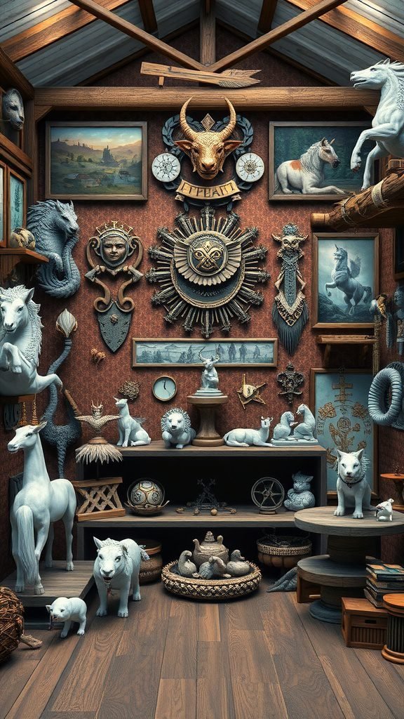 A cozy Therian-themed room filled with animal sculptures, paintings, and decorative items, showcasing personal symbols and totems.