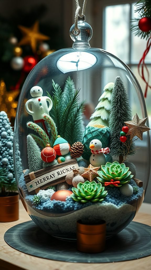 A holiday-themed terrarium featuring a snowman, decorative trees, and colorful ornaments under a glass dome.