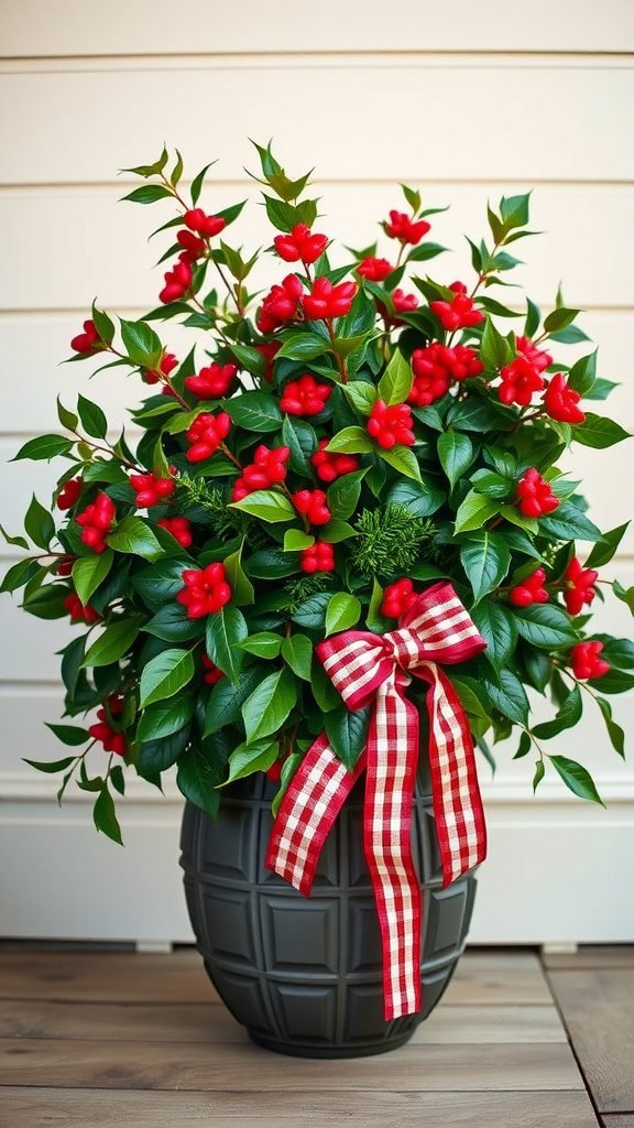 A winter planter filled with holly and red berries, tied with a checked ribbon.