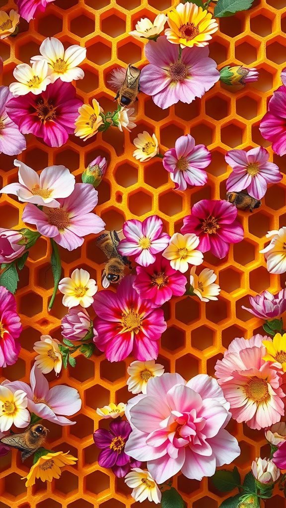 A vibrant honeycomb pattern with colorful flowers and bees