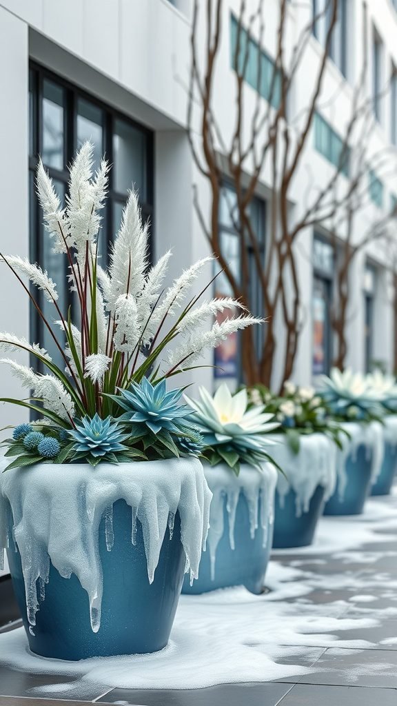 Planters with frosty decorations and winter plants, featuring blue pots with snow-like accents.