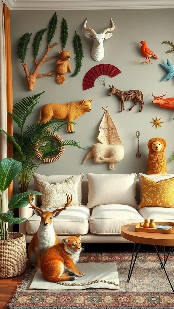 Cozy living room featuring animal motifs on the wall, with a sofa and decorative plants. Therian Room Decor
