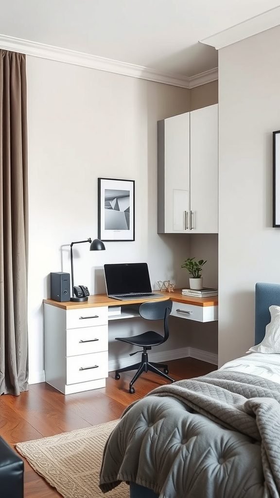 A stylish bedroom featuring a desk and chair in an alcove, showcasing a modern design with neutral colors.