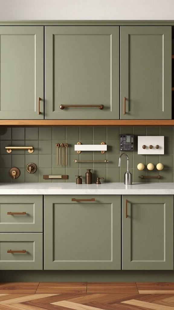 A modern kitchen featuring olive green cabinets with warm bronze hardware and a marble countertop