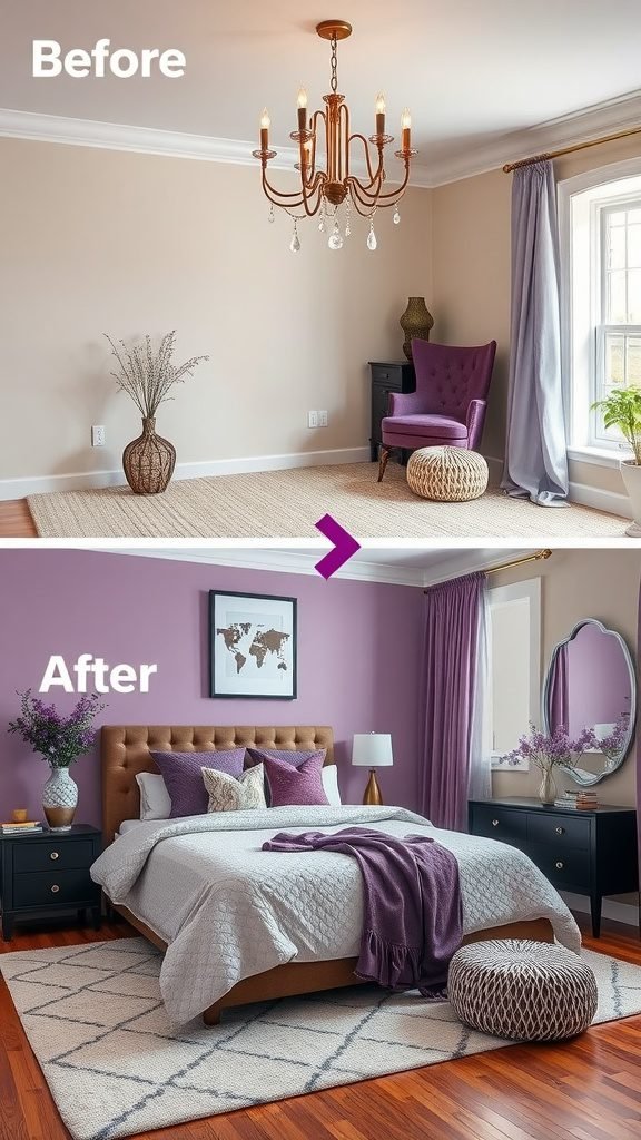 A bedroom transformation showing a before and after with purple decor