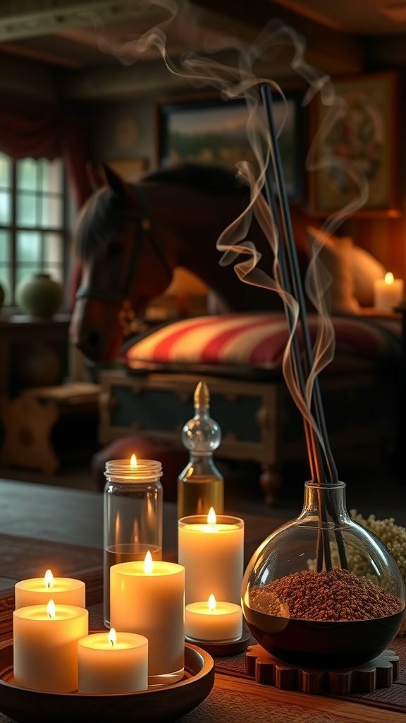 A cozy room with candles and incense creating a warm atmosphere.
