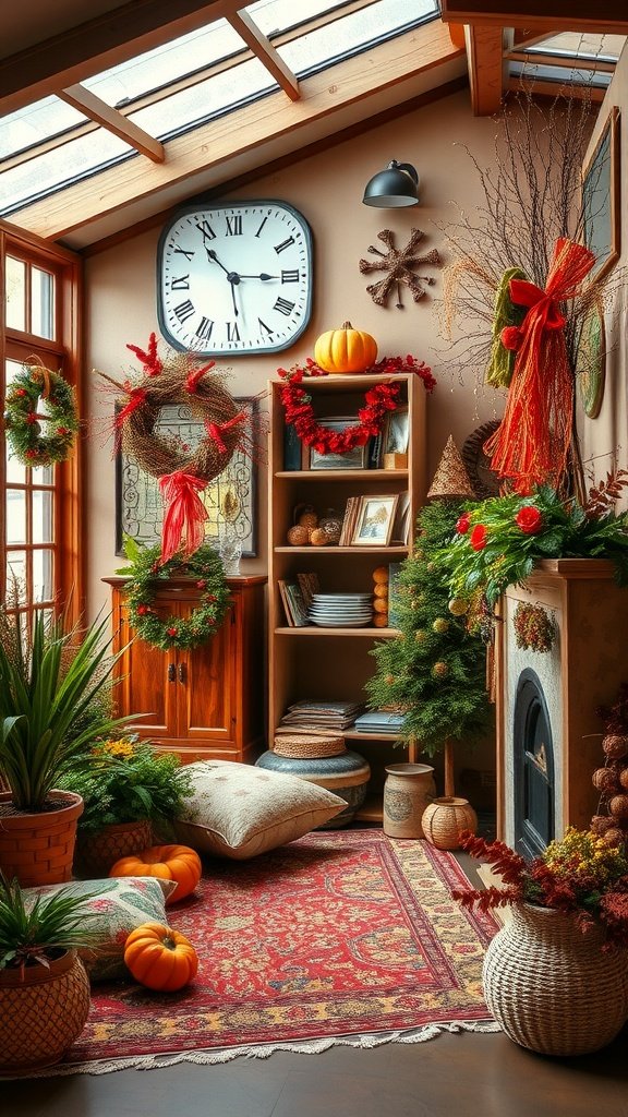 Cozy room decorated for fall with pumpkins, wreaths, and warm colors