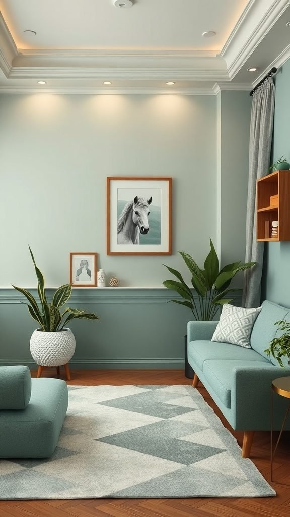 A cozy room featuring light teal walls, a horse painting, plants, and comfortable furniture.