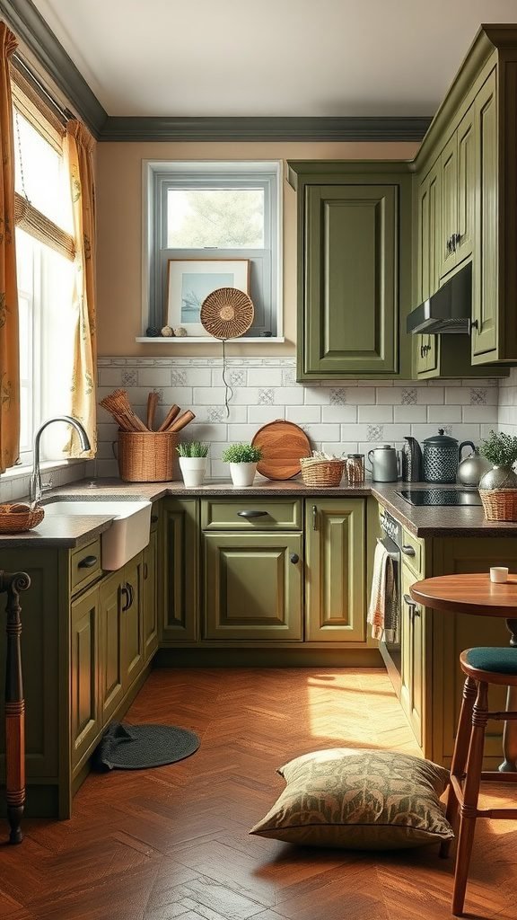 A cozy kitchen featuring olive green cabinets, warm wooden flooring, and textiles like curtains and cushions, creating a comfortable atmosphere.