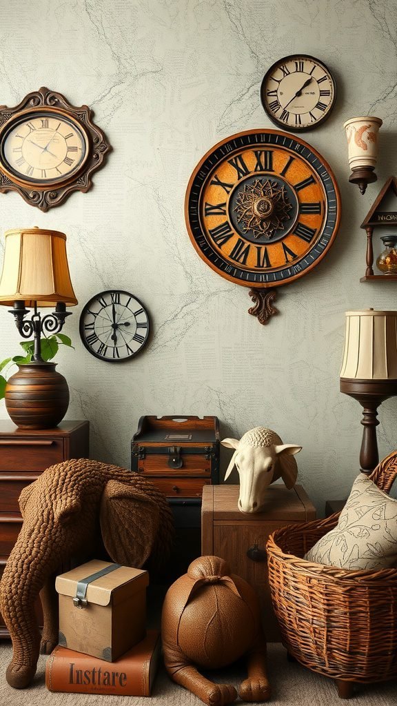 A cozy vintage-themed room with clocks on the wall, a warm lamp, and playful animal-shaped decor.