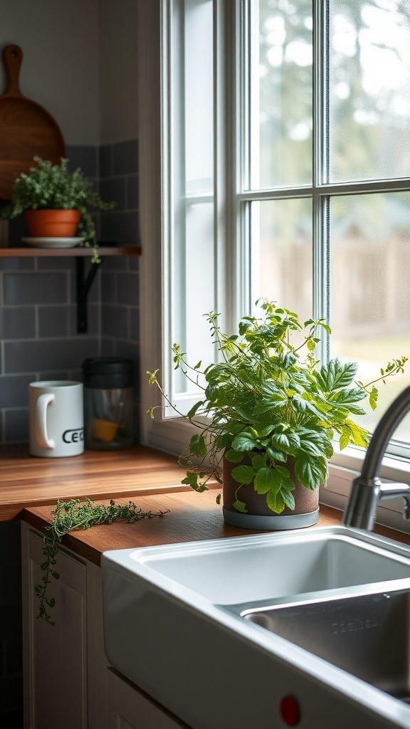 A cozy farmhouse kitchen corner with a vibrant herb plant by the window, showcasing a warm wooden countertop.