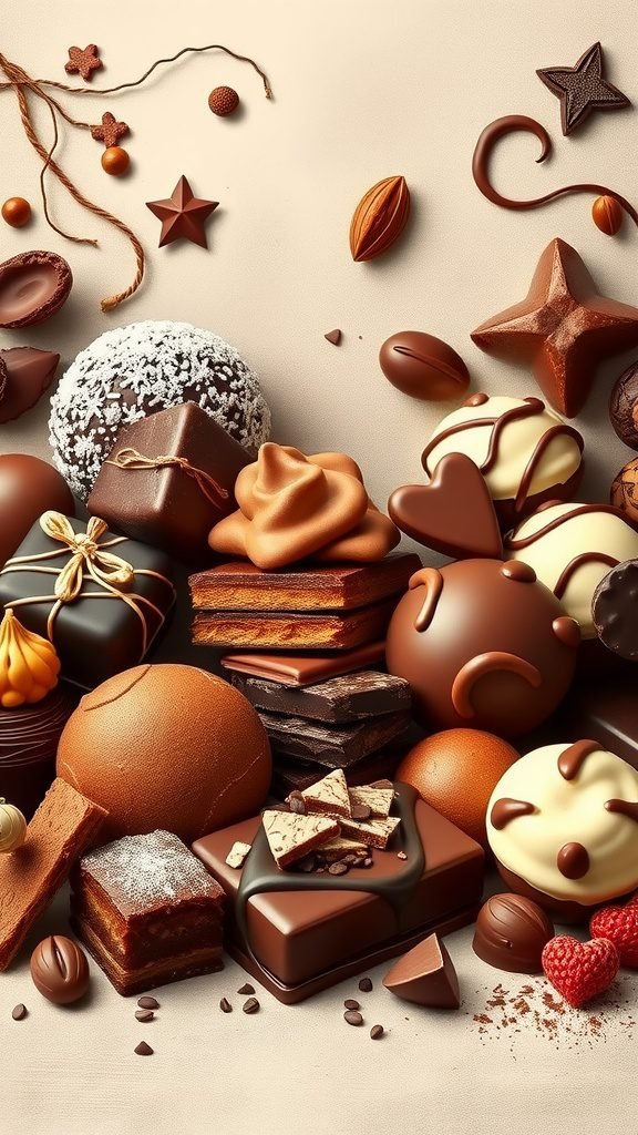 A beautiful arrangement of various chocolate treats, including truffles, bars, and decorative pieces on a soft background.
