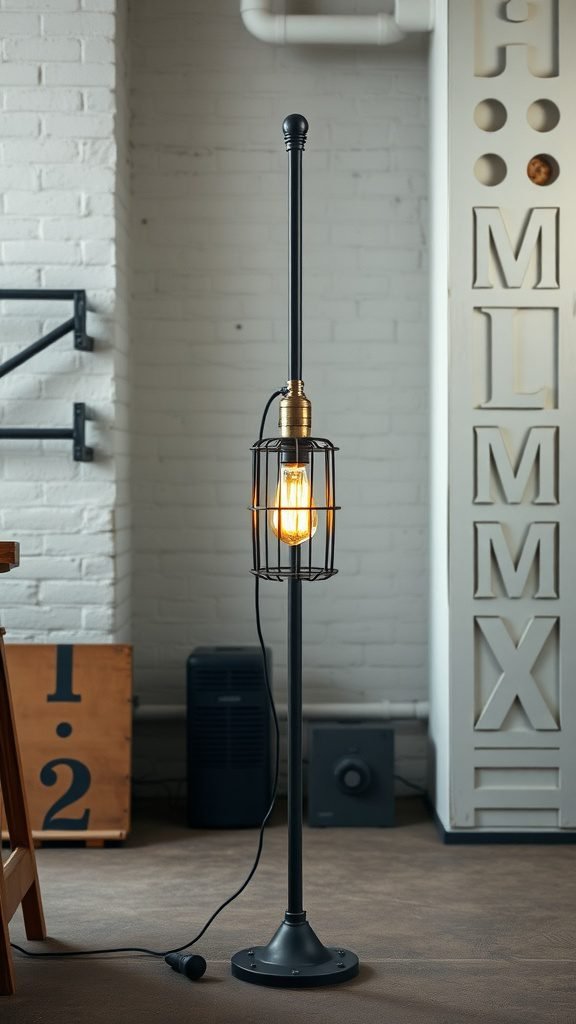 Industrial style floor lamp with a black metal frame and an Edison bulb in a cage