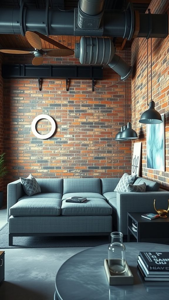 A cozy industrial-style living room featuring a grey couch, brick wall, and modern decor.