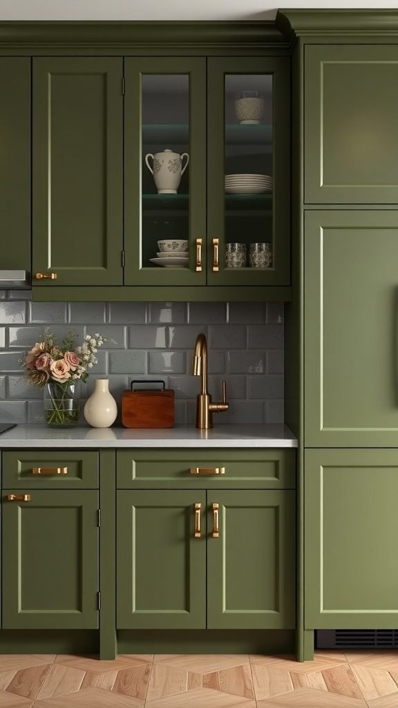 A kitchen featuring olive green cabinets with gold hardware and glass front doors, showcasing decorative dishware.