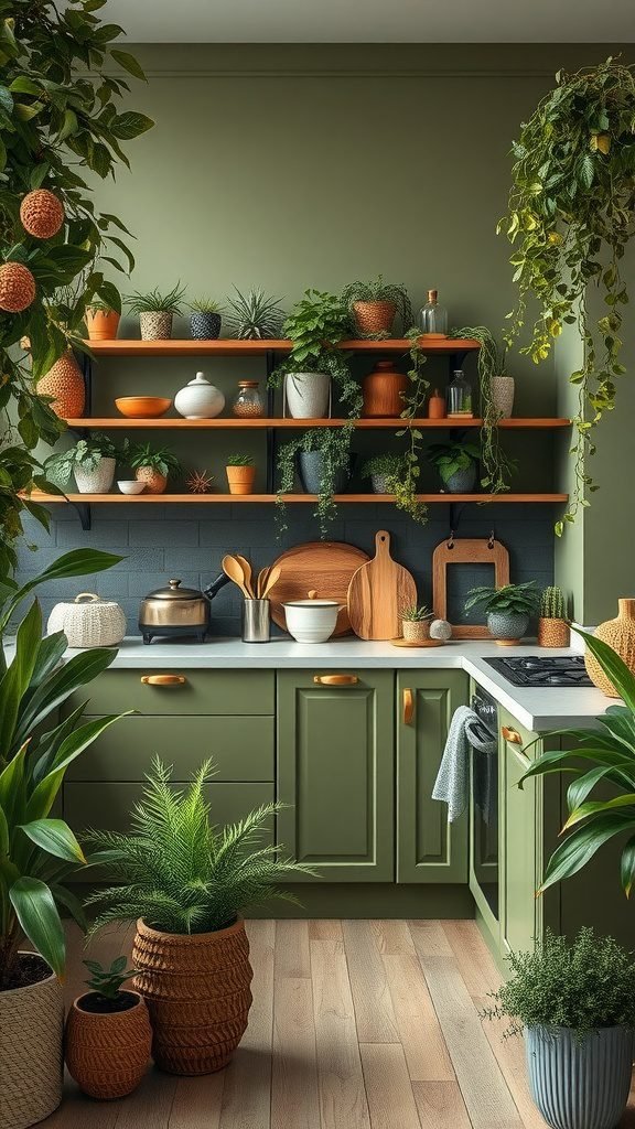 A kitchen featuring olive green cabinets, natural plants, and wooden shelves, creating a warm and inviting atmosphere.