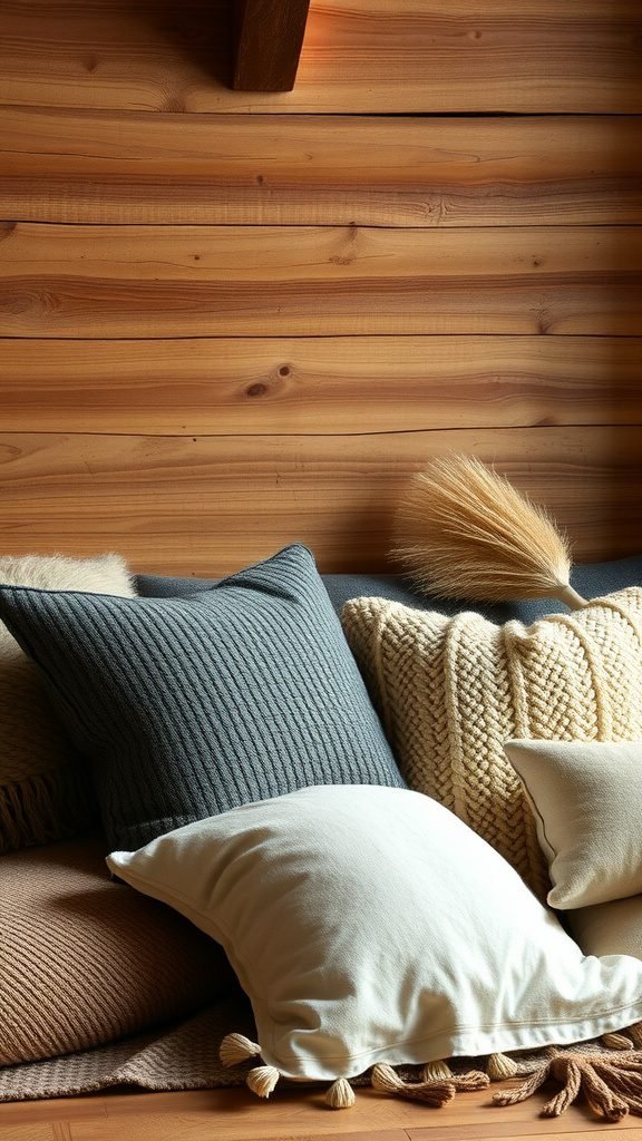 A cozy arrangement of various pillows in soft fabrics against a wooden backdrop, showcasing warm colors and inviting textures.