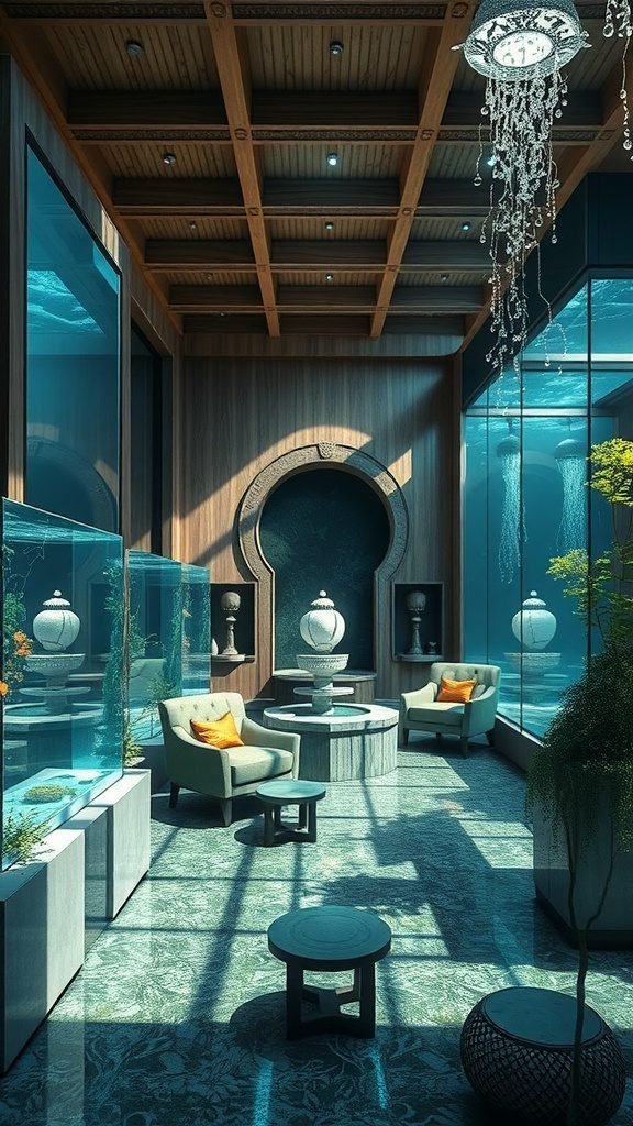 A serene room with large aquariums, a central fountain, and comfortable seating, showcasing Therian Room Decor.