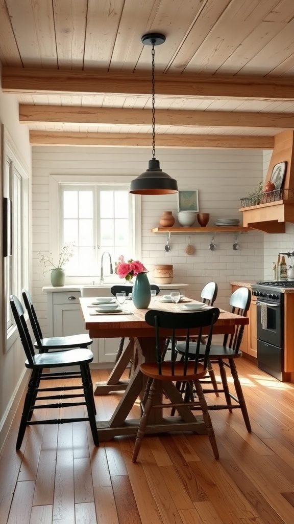 Cozy farmhouse kitchen with a large wooden table, wooden beams, and a flower arrangement.
